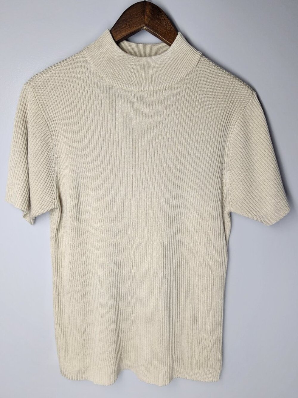 Studio Works Vintage Ribbed Short Sleeve Mock Neck Sweater XL Beige